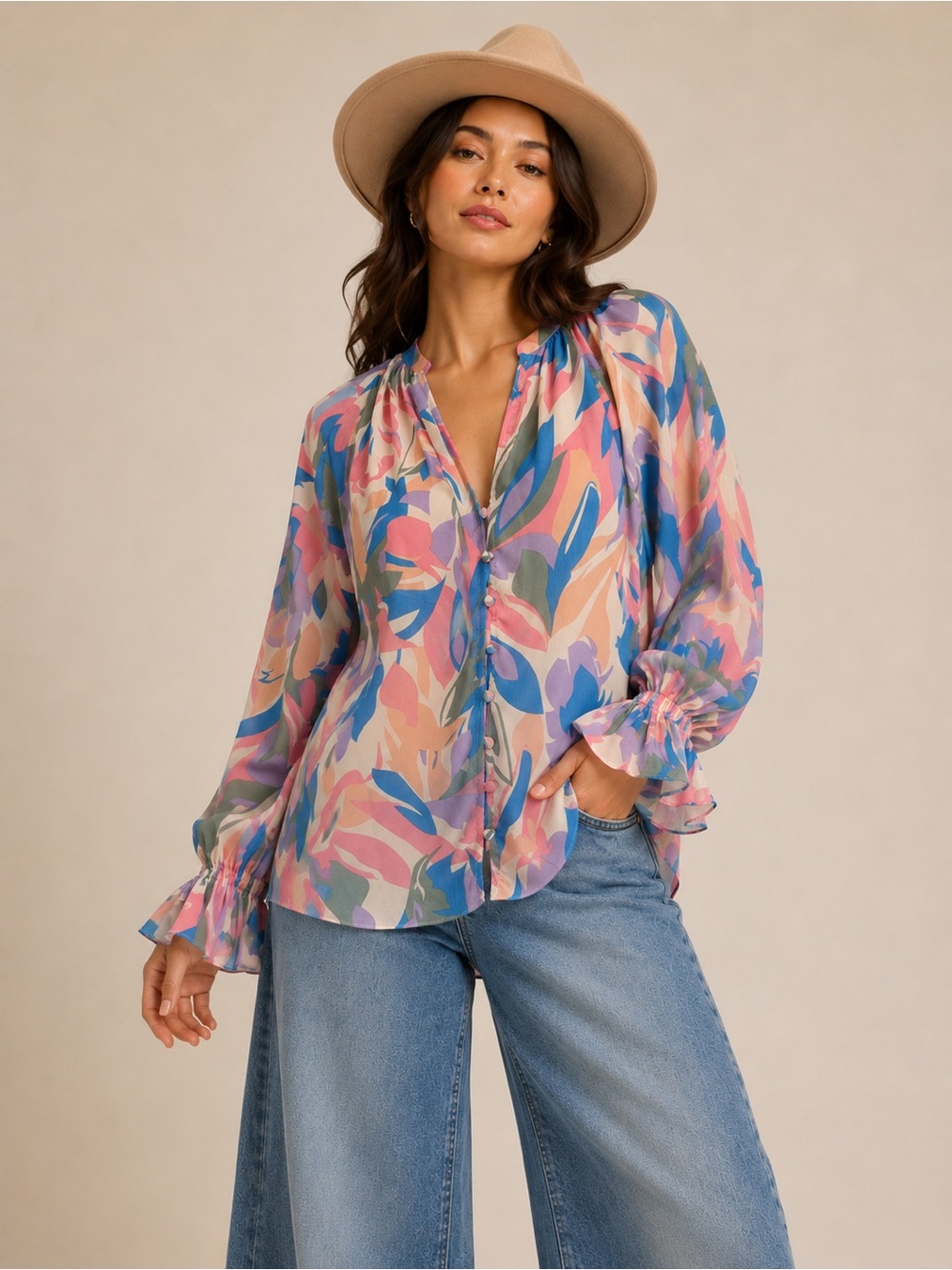 entro Pastel Multicolor Floral-Print Button Blouse